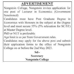 Nongstoin College Recruitment 2023: Lecturer In Economics Position